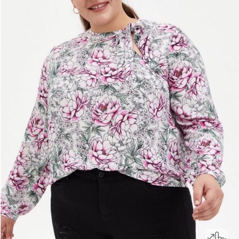 Torrid Georgette Bow Tie Long Sleeve Floral Blouse Size